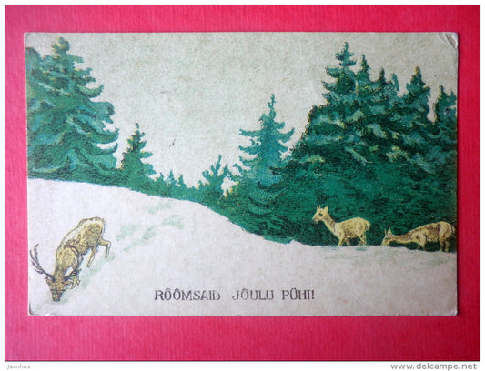 christmas greeting card - deer - forest - 105 - circulated in Estonia Tallinn 1920 - JH Postcards