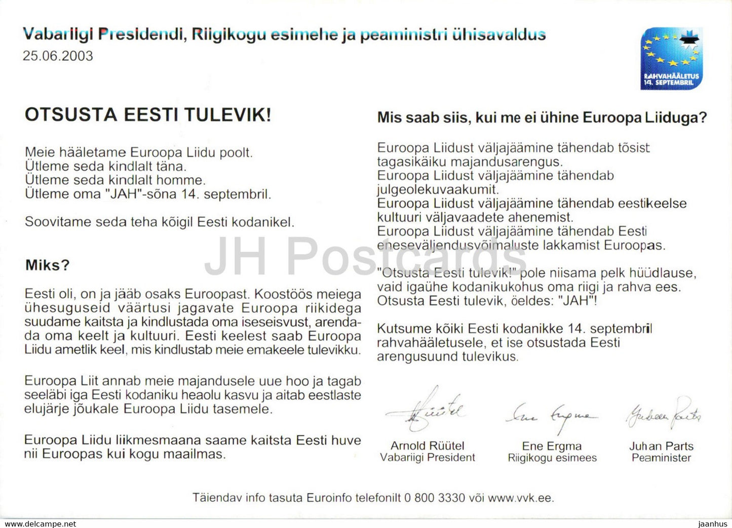Estonian Politicians - President Arnold Ruutel - Ene Ergma - Juhan Parts - Joining EU - 2003 - Estonia - unused
