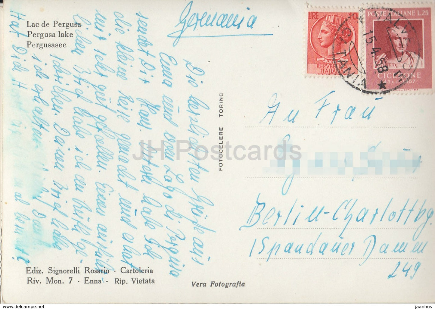 Enna - Lago Pergusa - lake - 1519 - Italy - old postcard - 1958 - used