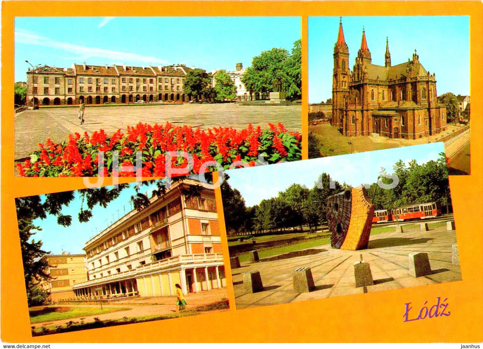 Lodz - Stary Rynek - Kosciol - ulica - Zegar sloneczny - Church - Street - Sundial - multiview - Poland - unused - JH Postcards