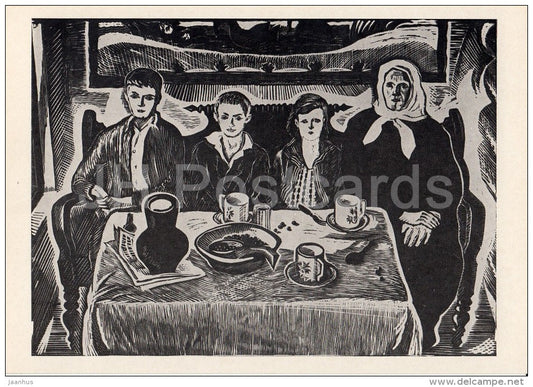 engraving by I. Golitsyn - Grandchildren came from Town - Soviet engraving - Russian art - 1968 - Russia USSR - unused - JH Postcards