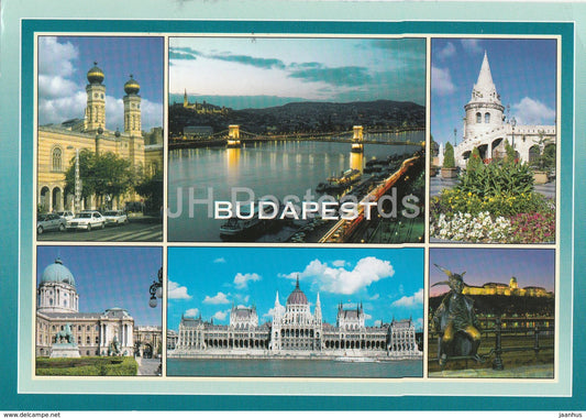Greetings from Budapest - parliament - castle - bridge - architecture - 2001 - Hungary - used - JH Postcards