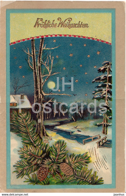 Christmas Greeting Card - Frohliche Weihnachten - fir cones - winter - 479 - old postcard - Germany - unused - JH Postcards