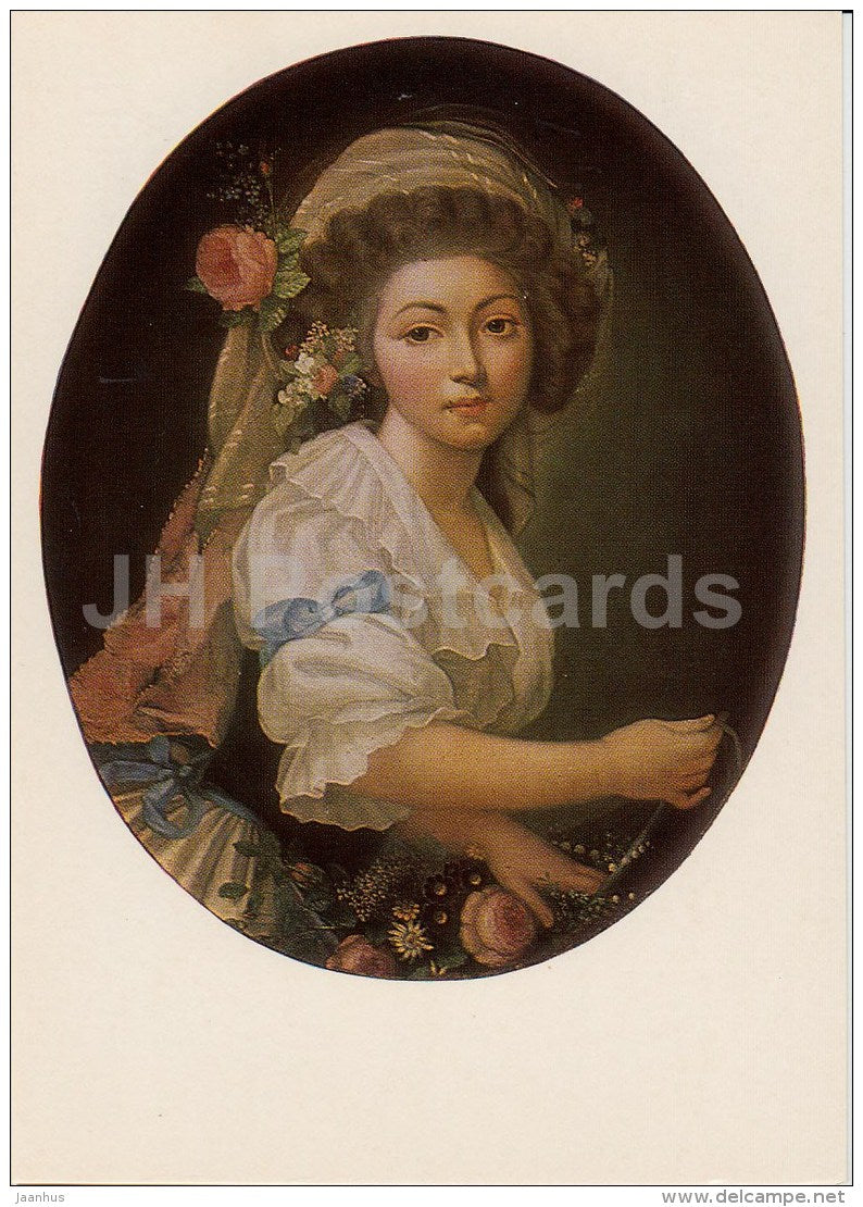 painting by Unknown Artist - Portrait of Unknown Woman with flowers - Russian art - 1984 - Russia USSR - unused - JH Postcards