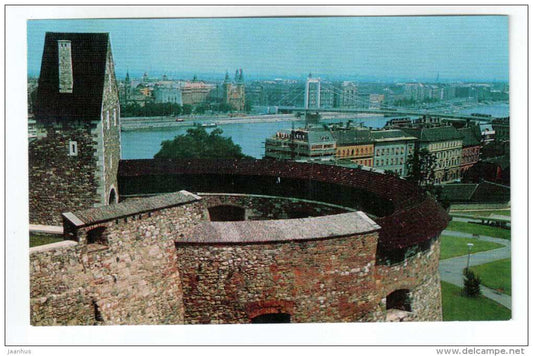 Large round tower of the Buda Castle - bridge - Budapest - 1973 - Hungary - unused - JH Postcards