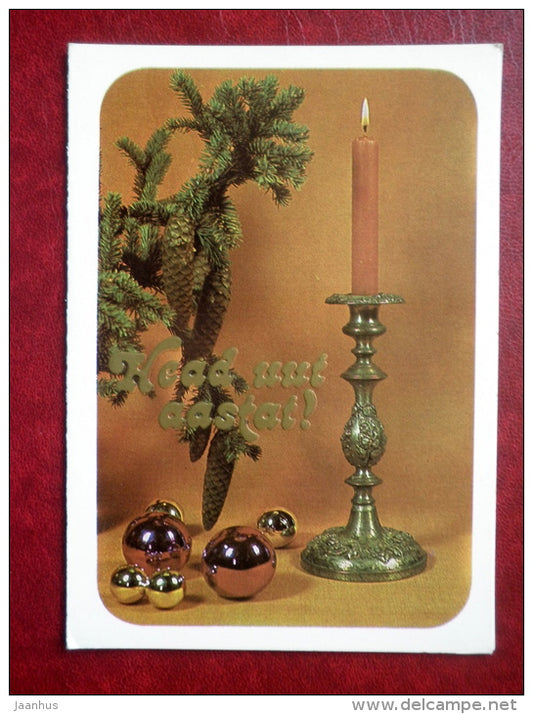 New Year Greeting card - fir cones - candle - decorations - 1980 - Estonia USSR - used - JH Postcards