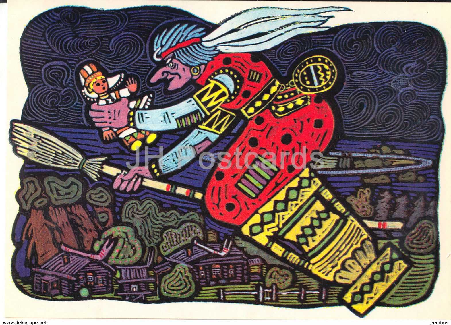 illustration by V. Ignatov - Girl with a spindle - flying witch - Komi fairy tale - 1977 - Russia USSR - unused - JH Postcards
