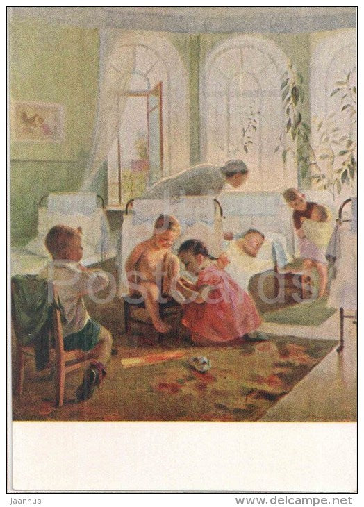 painting by M. Tolokonnikova - The Morning - children - kindergarten - russian art - unused - JH Postcards