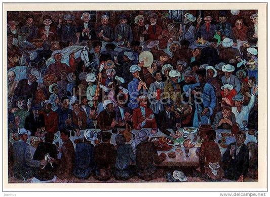 painting by K. Gassiev - Aisay Anazay , 1970 - holiday - party - ossetian art - unused - JH Postcards