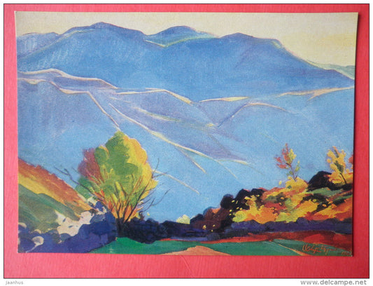 painting by Mger Abegian - Evening in the Mountains . Garni , 1966 - armenian art - unused - JH Postcards