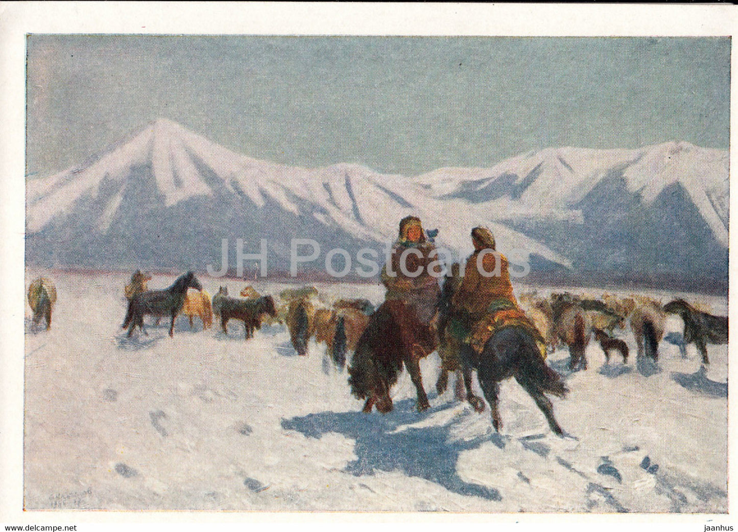 painting by M. Krylov - in the Oymyakon mountains - Yakutia Sakha Russian art - 1958 - Russia USSR - unused - JH Postcards