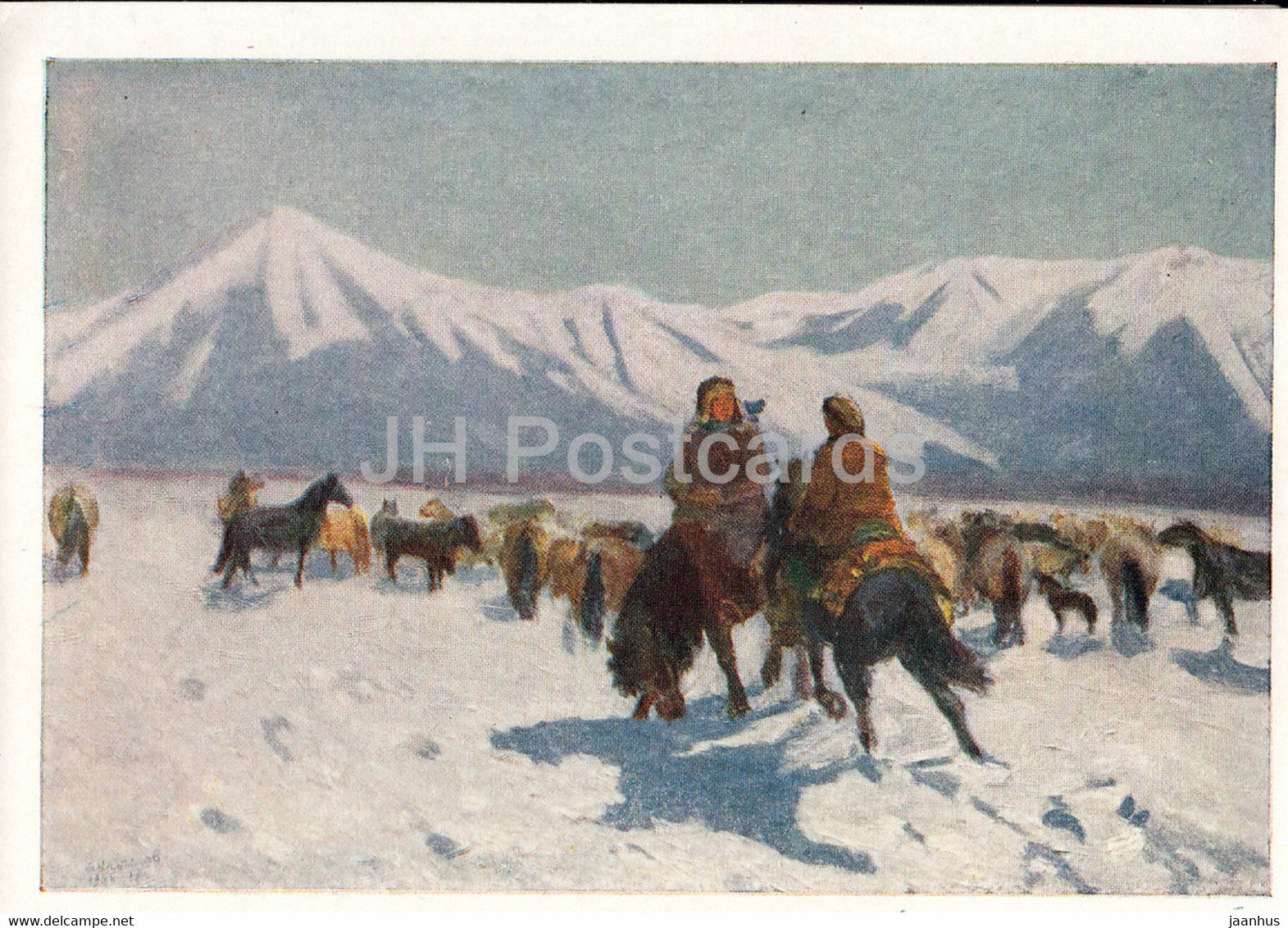painting by M. Krylov - in the Oymyakon mountains - Yakutia Sakha Russian art - 1958 - Russia USSR - unused - JH Postcards