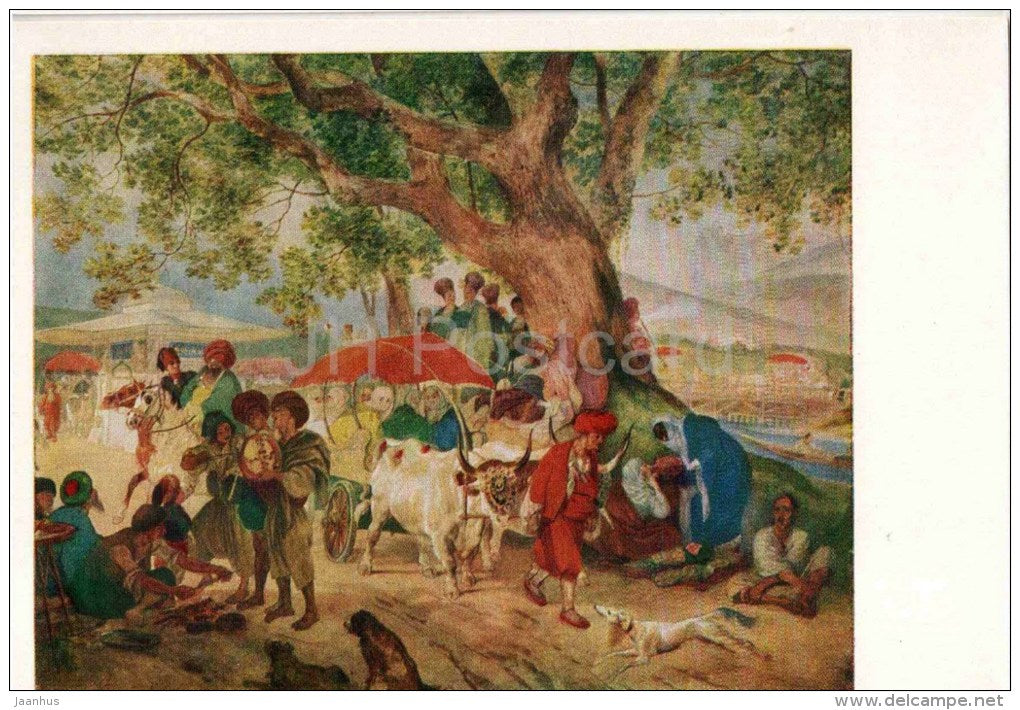 painting by K. Bryullov - Near Constantinople , 1849 - cow - carriage - dog - russian art - unused - JH Postcards