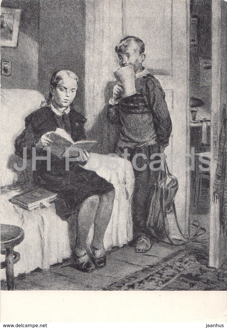 painting by E. Gribov - Under the patronage - School children - Russian art - 1955 - Russia USSR - unused - JH Postcards