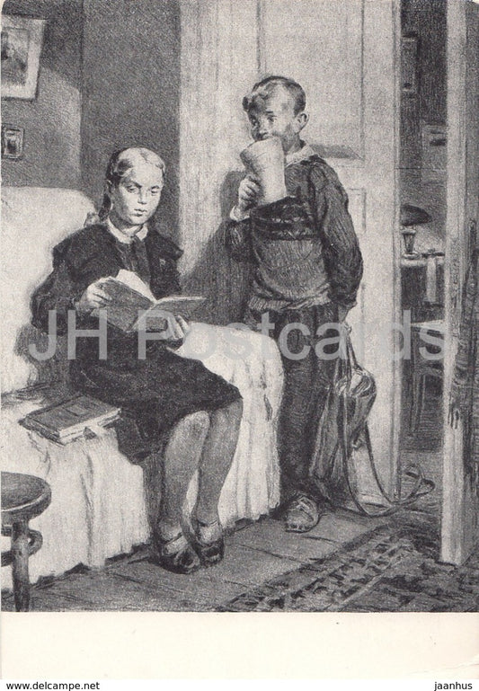 painting by E. Gribov - Under the patronage - School children - Russian art - 1955 - Russia USSR - unused - JH Postcards