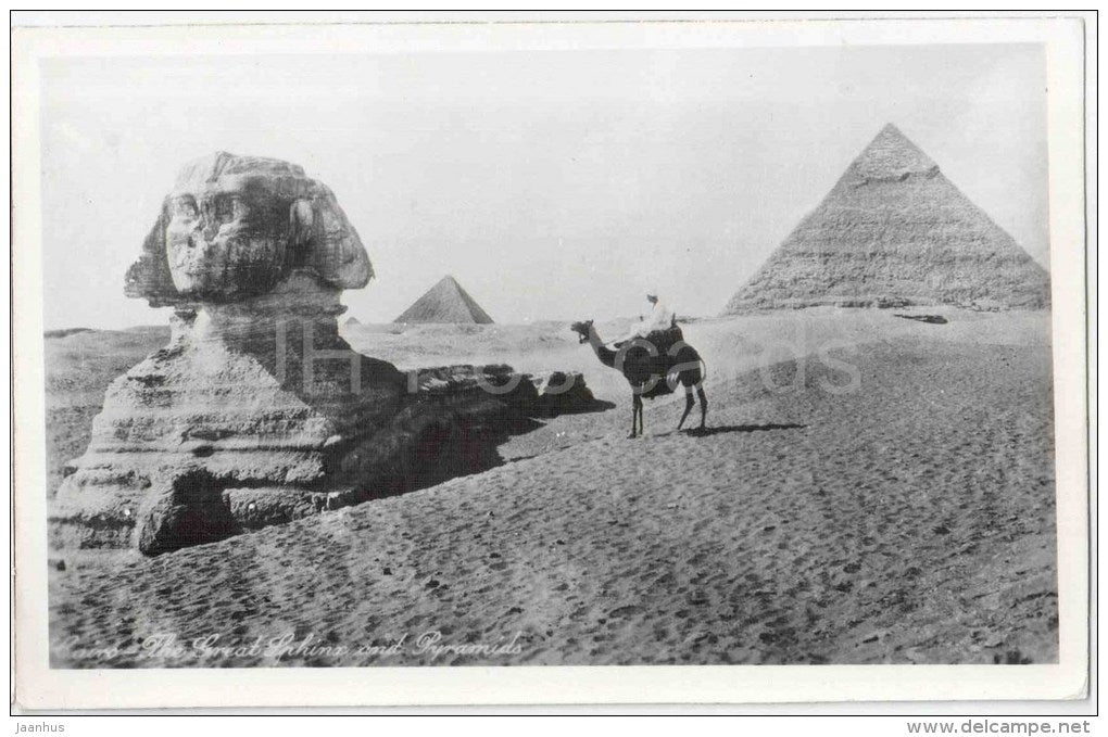 The Great Sphinx with Pyramids - camel - El Giza - Cairo - old postcard - Egypt - unused - JH Postcards