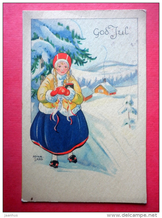christmas greeting card - girl in folk costume by Adina Sand - Axel Eliassons - sent from Sweden to Estonia Tallinn 1936 - JH Postcards