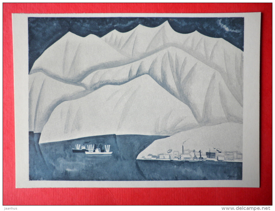 illustration by Vitaly Petrov - Providence Bay - Chukotka - ship - 1977 - Russia USSR - unused - JH Postcards