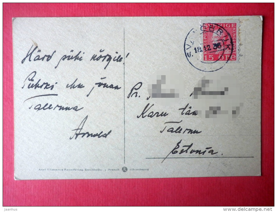 christmas greeting card - girl in folk costume by Adina Sand - Axel Eliassons - sent from Sweden to Estonia Tallinn 1936 - JH Postcards