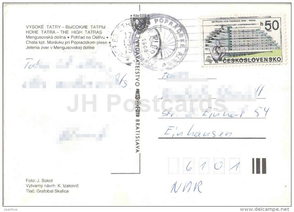 Mengusovska valley - Ostrva - Vysoke Tatry - deer - High Tatras - Czechoslovakia - Slovakia - used 1989 - JH Postcards