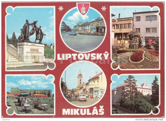 Liptovsky Mikulas - sculpture - Liberator´s Square - hotel Janosik - 1. May street Czechoslovakia - Slovakia - use - JH Postcards