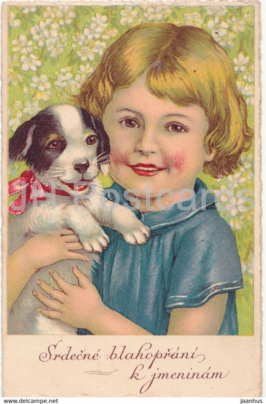 Name Greeting Card - Srdecne blahoprani k jmeninam - dog and girl - illustration - old postcard - Czech Republic - used - JH Postcards