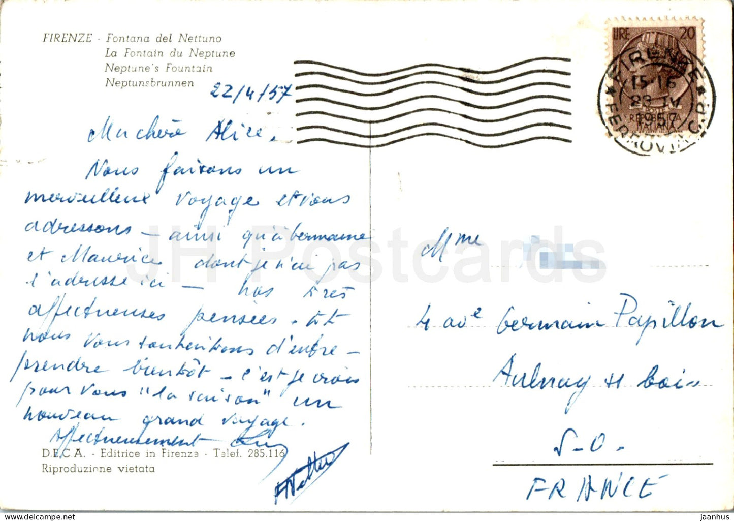 Firenze - Florence - Fontana del Nettuno - Fontaine de Neptune - 552 - carte postale ancienne - 1957 - Italie - utilisé 
