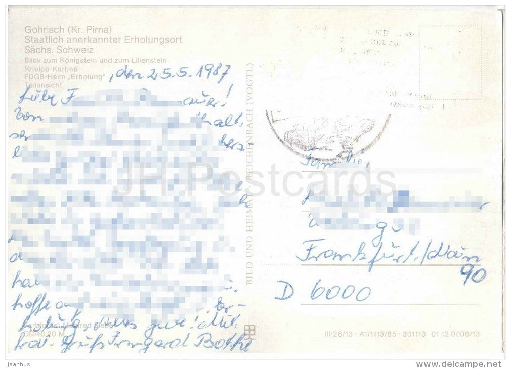 Kurort Gohrisch , Staatlich anerkannter Erholungsort - Kurbad - Blick zum Königstein - Germany - 1987 gelaufen - JH Postcards