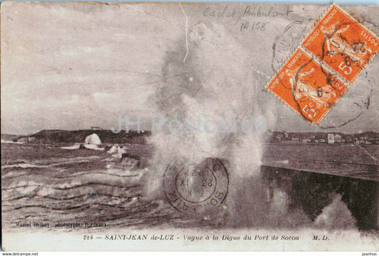 Saint Jean de Luz - Vague a la Digue du Port de Socoa - 214 - old postcard - 1922 - France - used - JH Postcards