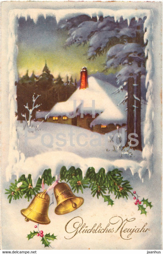 New Year Greeting Card - Gluckliches Neujahr - house - bells - HWB SER 4811  old postcard - 1930s - Germany - used - JH Postcards