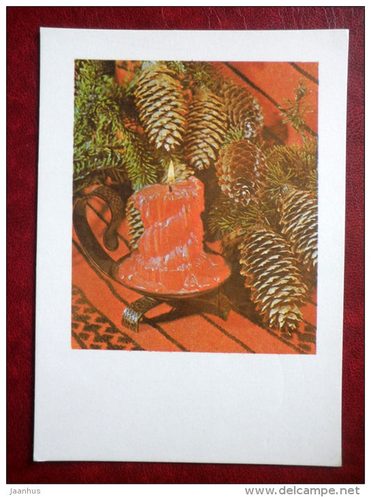 New Year Greeting card - fir cones - candle - 1980 - Estonia USSR - used - JH Postcards