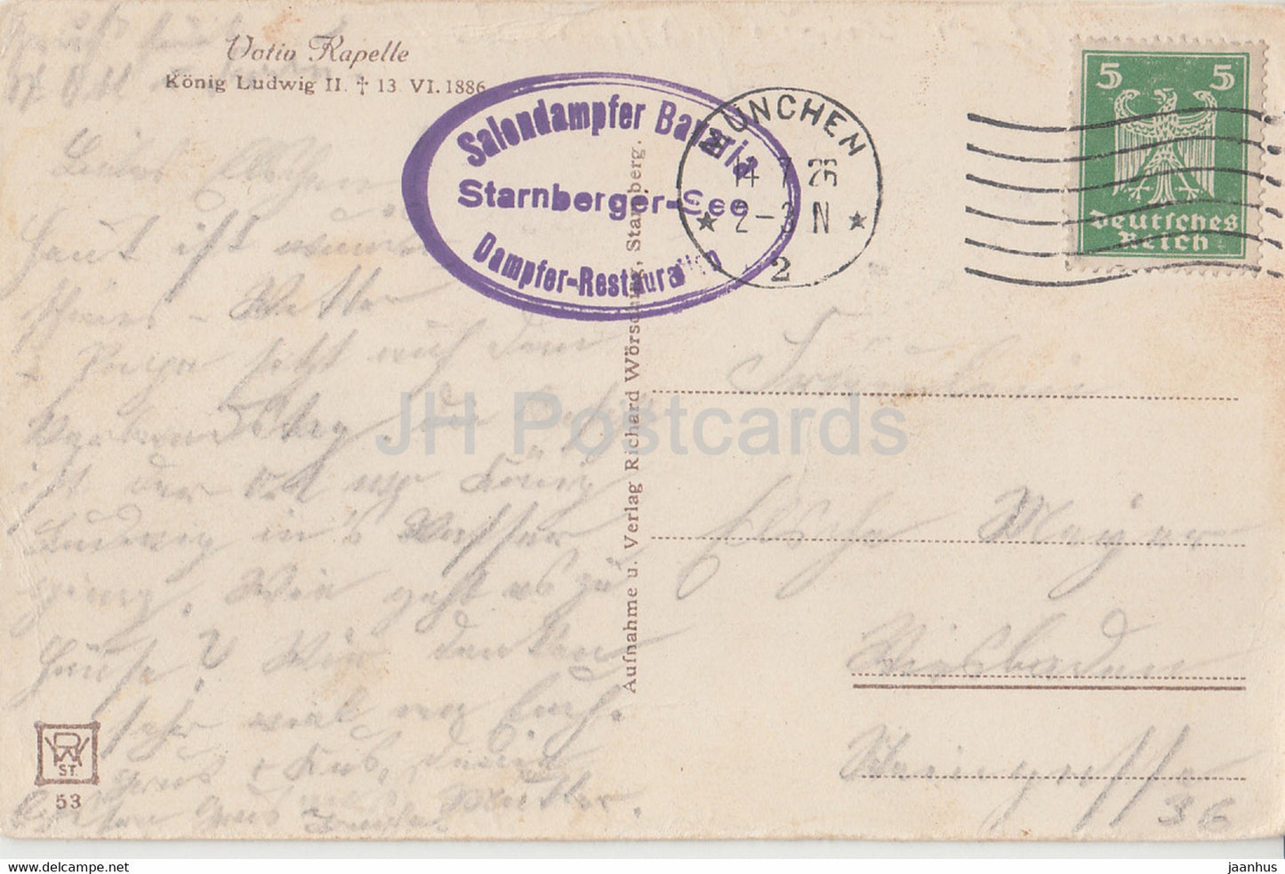 Votiv Kapelle Konig Ludwig II 1886 - old postcard - 1926 - Germany - used