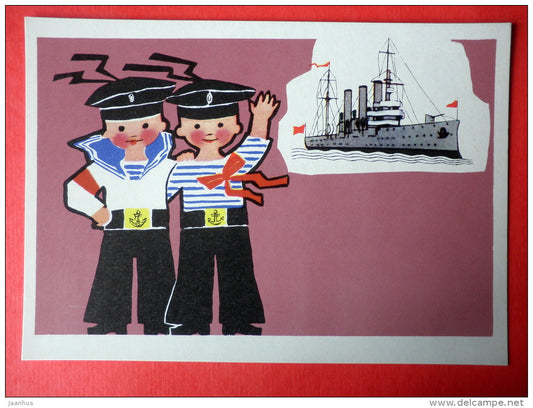 illustration by E. Rapoport - Battleship Aurora - Little Seafarers - 1971 - Russia USSR - unused - JH Postcards