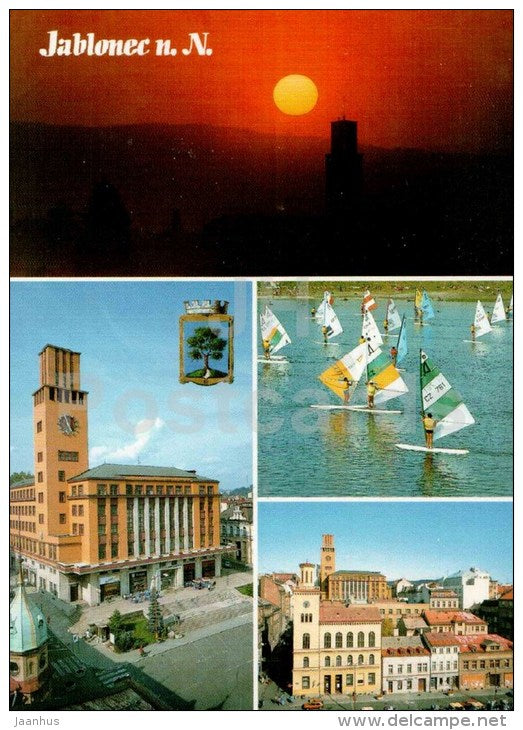 town hall - dam - Soukenne square - windsurf - Jablonec nad Nisou - Czech - used 1999 - JH Postcards