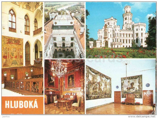 staircase - view of the courtyard of the castle tower - marble hall  Hluboká Castle - Czechoslovakia - Czech - used 1983 - JH Postcards