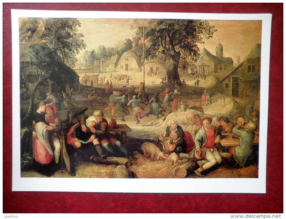 large format postcard - painting by Karel van Mander , Village Feast - pig - dutch art - unused - JH Postcards