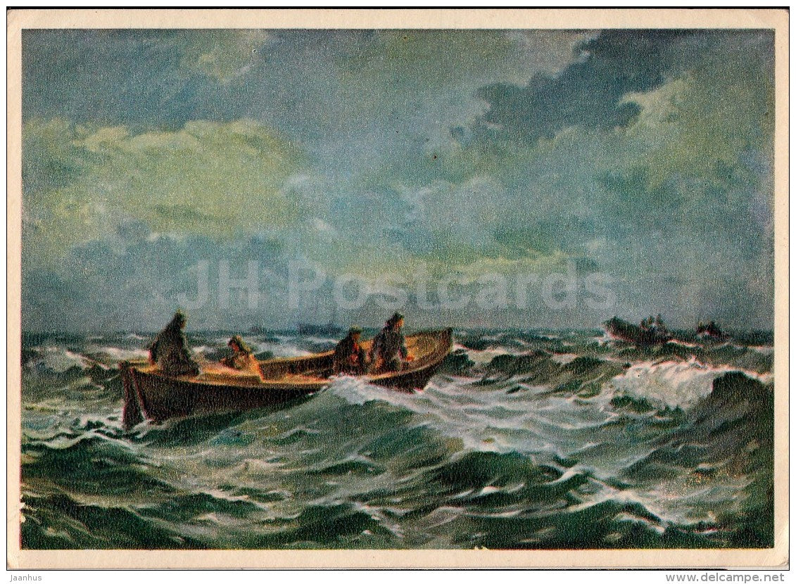 painting by R. Uutmaa - 1 - Fishers at the Sea - Estonian art - 1957 - Eesti USSR - unused - JH Postcards