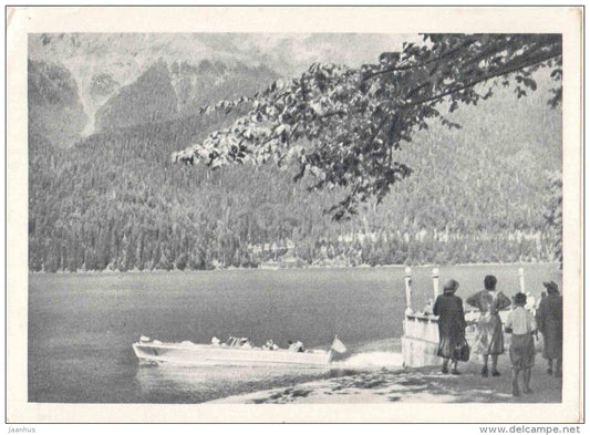 Gliders dock - Atsetuk ridge - motorboat - Lake Ritsa - Abkhazia - Caucasus - 1955 - Georgia USSR - unused - JH Postcards