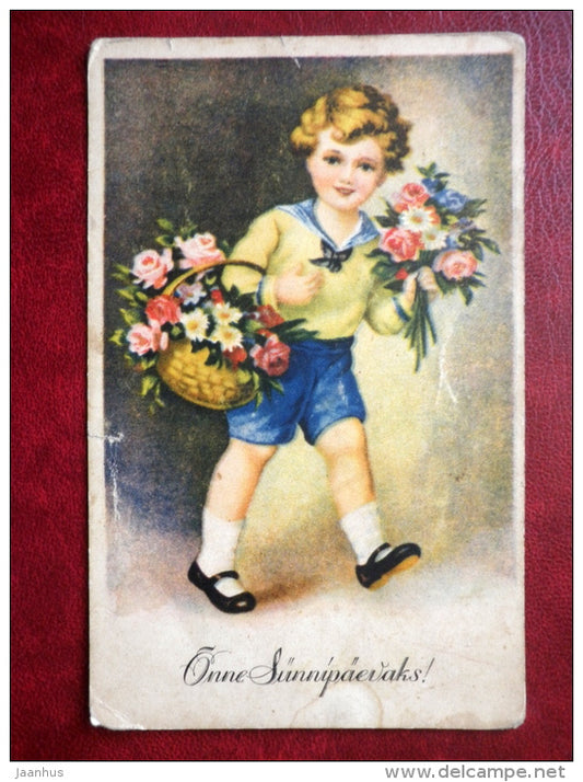 Birthday Greeting Card - boy - flowers - WO 912 - circulated in 1936 - Estonia - used - JH Postcards
