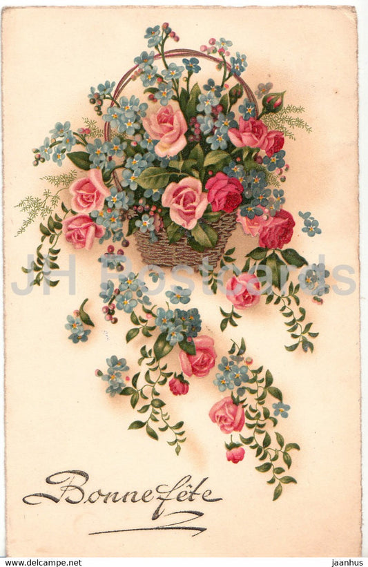 Birthday Greeting Card - Bonne Fete - flowers - roses in a basket Pittius - illustration - old postcard - France - used - JH Postcards