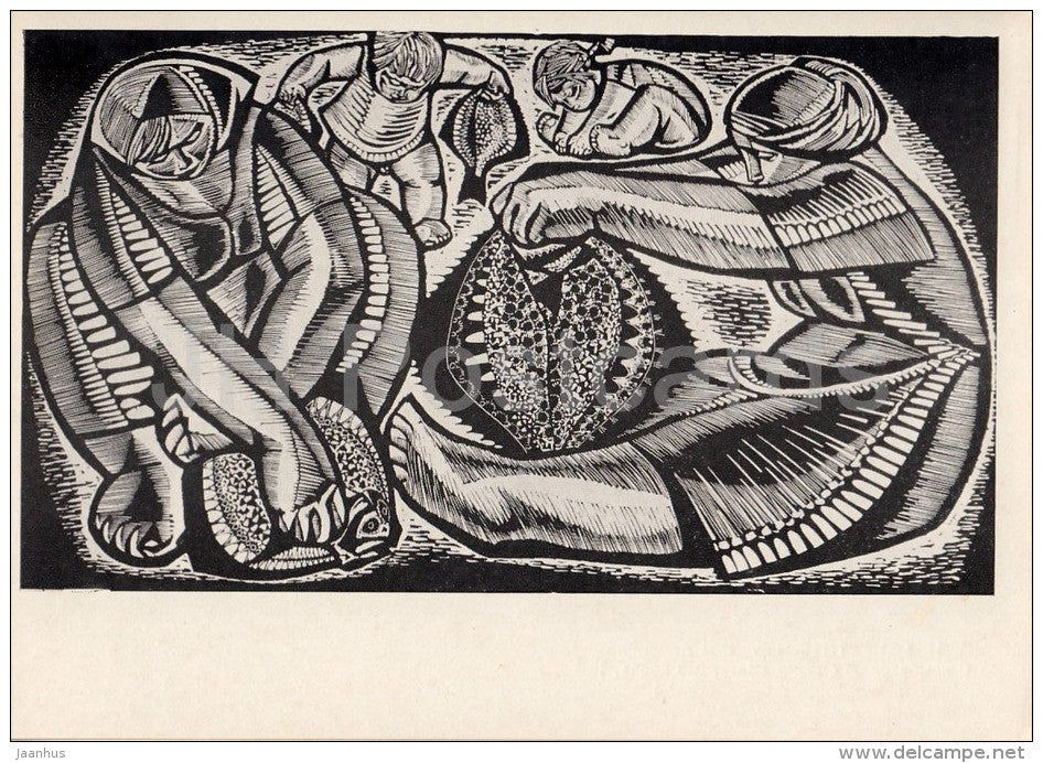 engraving by A. Skirutite - Flounder - Fish - Soviet engraving - Russian art - 1968 - Russia USSR - unused - JH Postcards