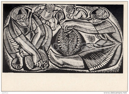 engraving by A. Skirutite - Flounder - Fish - Soviet engraving - Russian art - 1968 - Russia USSR - unused - JH Postcards
