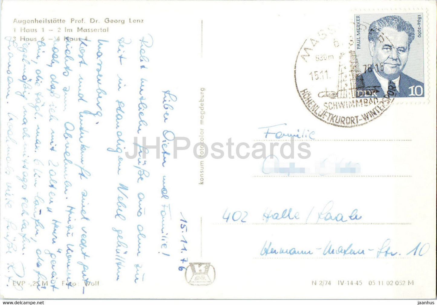 Masserberg - Prof Dr Georg Lenz Haus - Im Massertal - old postcard - 1976 - Germany DDR - used