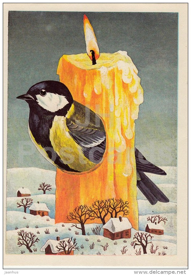 New Year Greeting card by J. Tammsaar - 2 - tit - bird - candle - houses - 1986 - Estonia USSR - used - JH Postcards