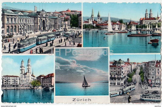 Zurich - multiview - tram - sailing boat - 126 - Switzerland - old postcard - unused - JH Postcards