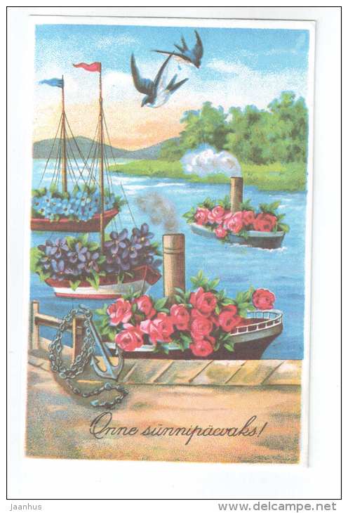 Birthday Greeting Card - steamer boats - birds - swallow - anchor - REPRODUCTION ! - 1991 - Estonia USSR - used - JH Postcards