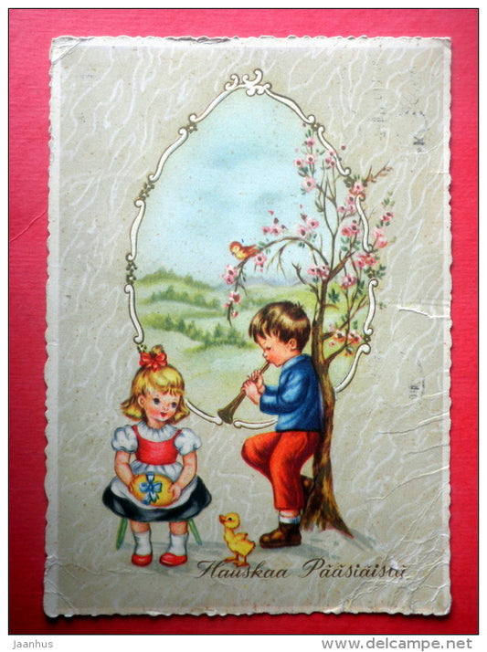 Easter Greeting Card - girl - boy - egg - chick - flute - 2073/6 - Finland - sent from Finland Turku to Estonia 1976 - JH Postcards
