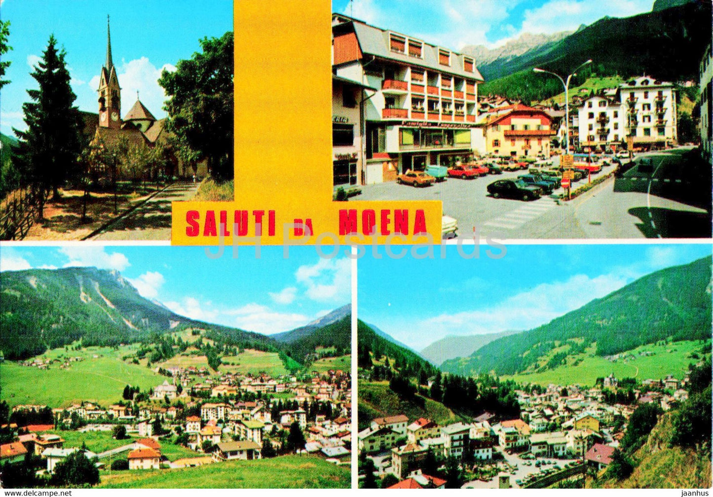 Saluti da Moena - Val di Fassa - church - town views - 1979 - Italy - used - JH Postcards