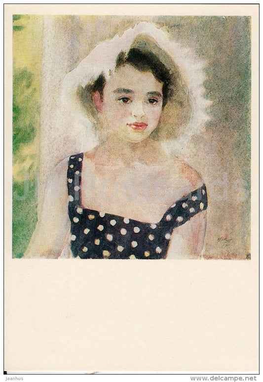 painting by N. Zhukov - Marina , 1957 - girl - hat - Russian art - Russia USSR - 1982 - unused - JH Postcards
