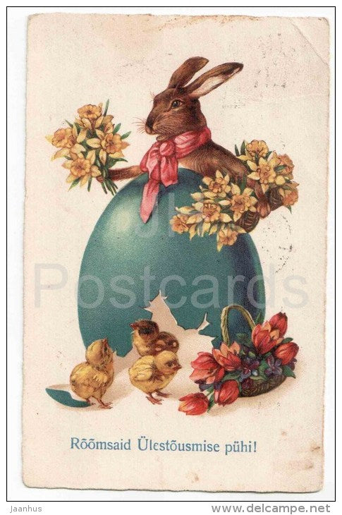 Easter Greeting Card - egg - hare - rabbit - chicken - narcissus - Amag 2489 - circulated in Estonia Tallinn 1929 - JH Postcards